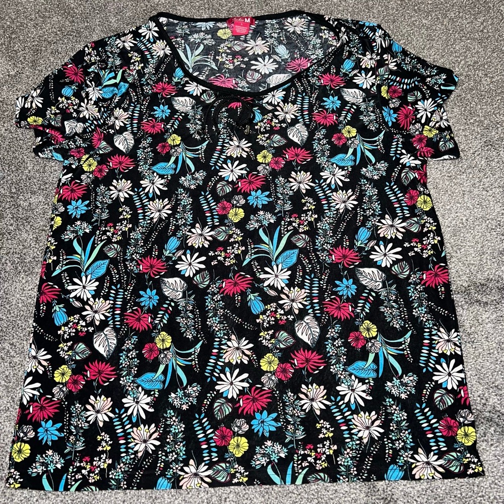 Studio M Women's Multicolored Floral Pattern Short Sleeve Shirt Size Large